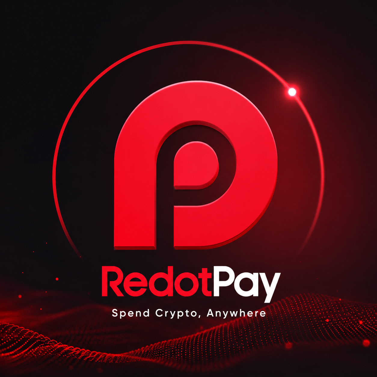 RedotPay logo on a dark digital mesh background
